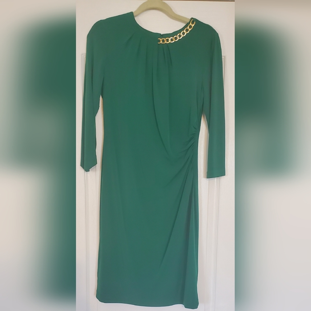 Tahari Emerald Green Long-Sleeve Ruched Sheath Dress